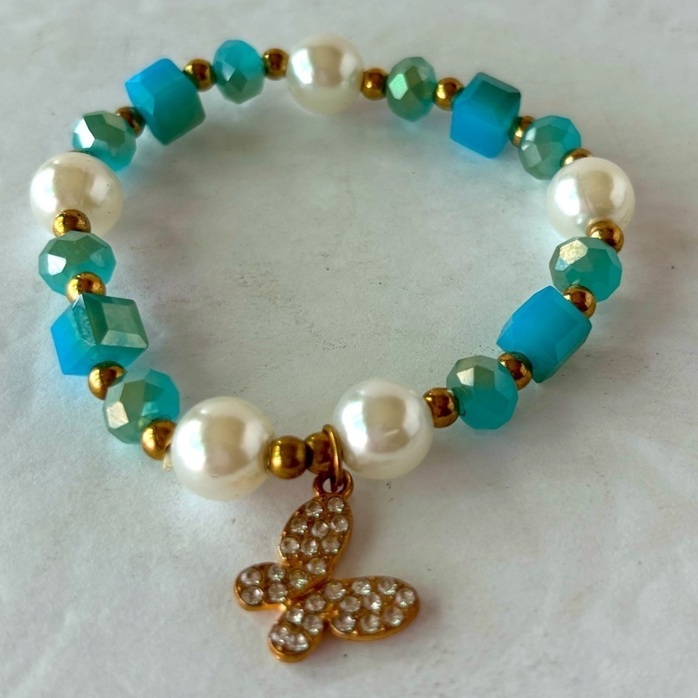 Handmade Stretchy Turquoise And Faux Pearl Beaded Bracelet With Butterfly Charm